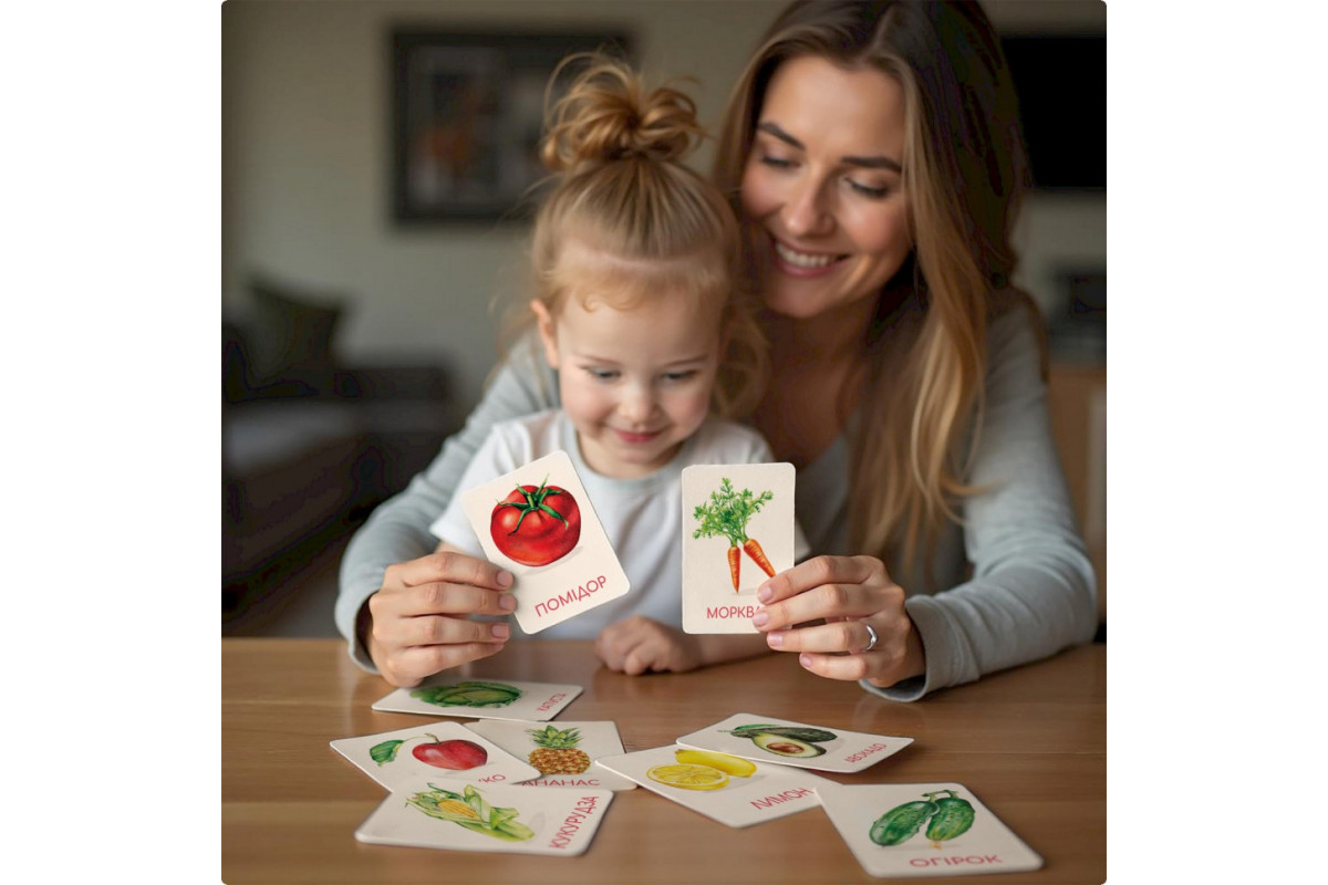 Дитячий набір навчальних карток Монтессорі "Овочі та фрукти" 301232, 32 зображення