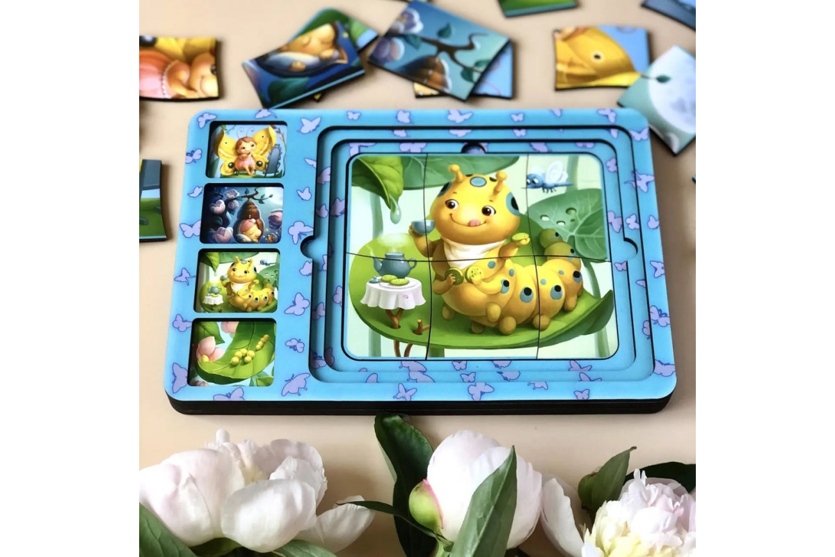 Деревянная настольная игра "Этапы развития бабочки" Ubumblebees (ПСФ017) PSF017 сортер-пазл