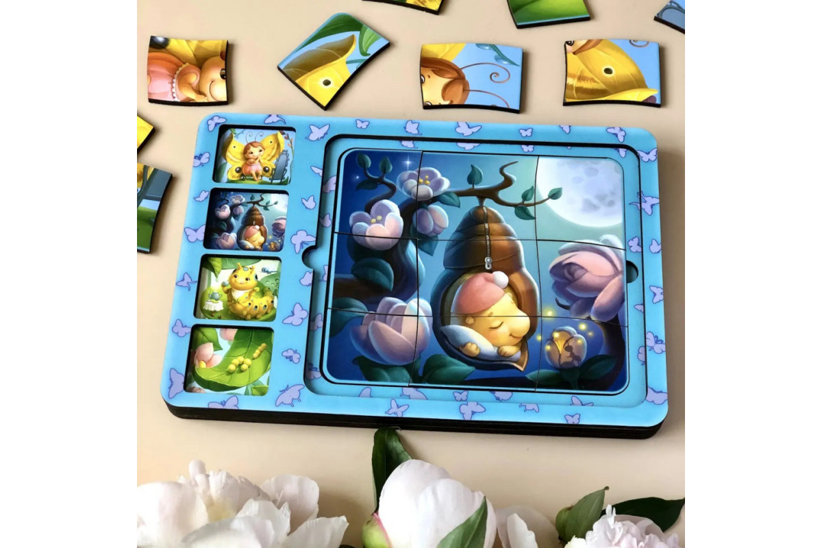 Деревянная настольная игра "Этапы развития бабочки" Ubumblebees (ПСФ017) PSF017 сортер-пазл