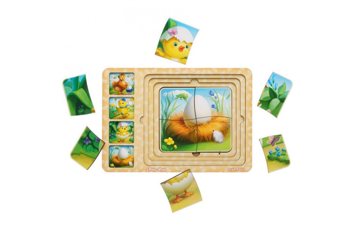 Дерев'яна настільна гра "Етапи розвитку курочки" Ubumblebees (ПСФ018) PSF018 сортер-пазл