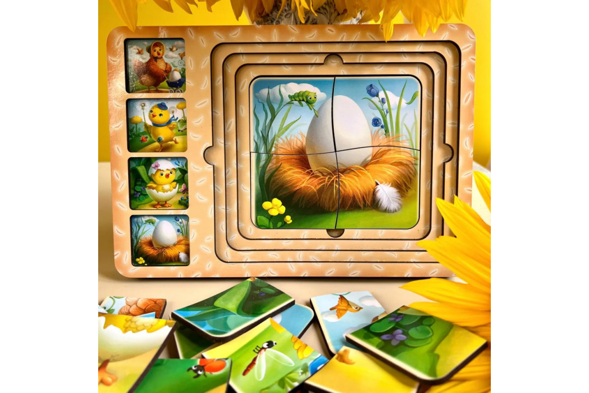 Дерев'яна настільна гра "Етапи розвитку курочки" Ubumblebees (ПСФ018) PSF018 сортер-пазл