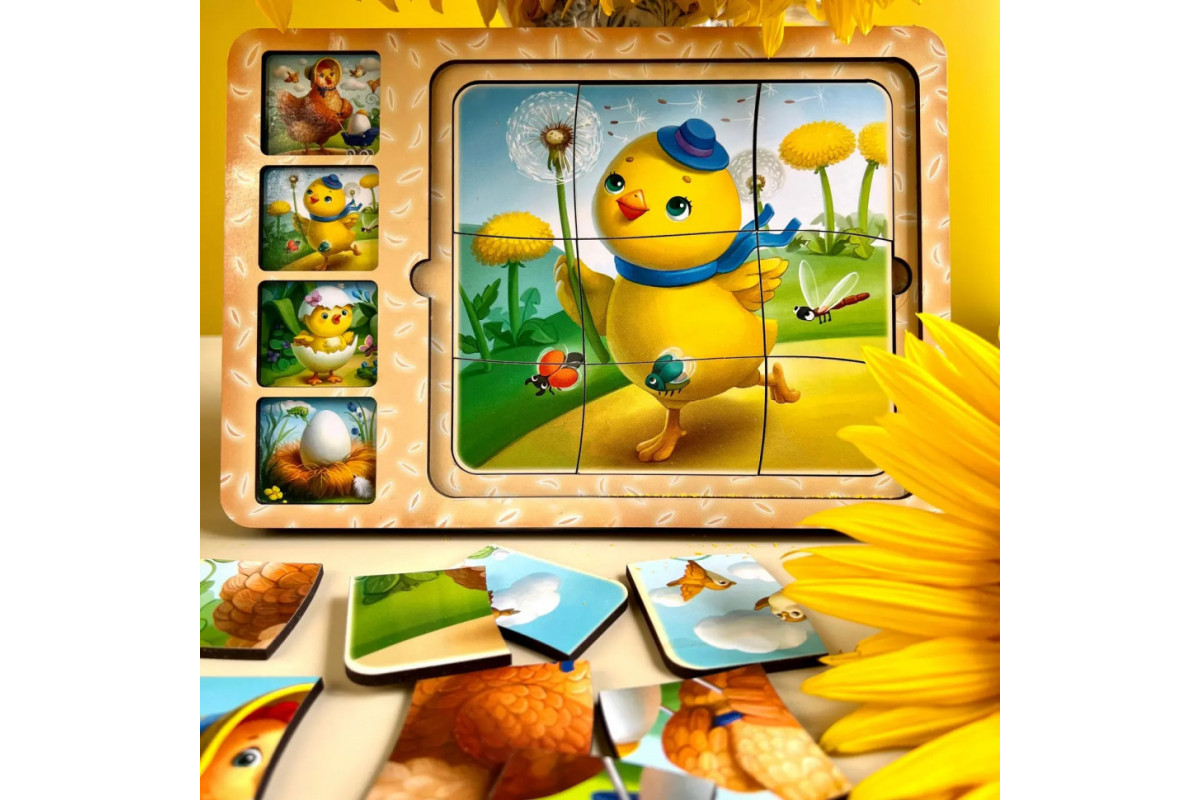 Дерев'яна настільна гра "Етапи розвитку курочки" Ubumblebees (ПСФ018) PSF018 сортер-пазл