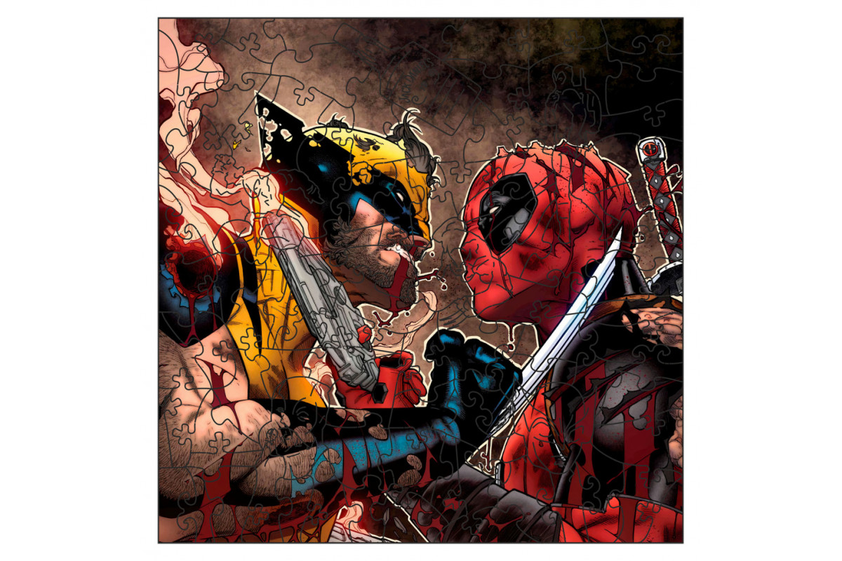 Фигурный пазл из дерева "Дэдпул и Росомаха" PZ002-A3W-AC 180-250 деталей, А3 с мешочком и лентой