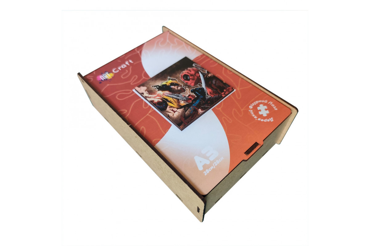 Фигурный пазл из дерева "Дэдпул и Росомаха" PZ002-A3W-AC 180-250 деталей, А3 с мешочком и лентой