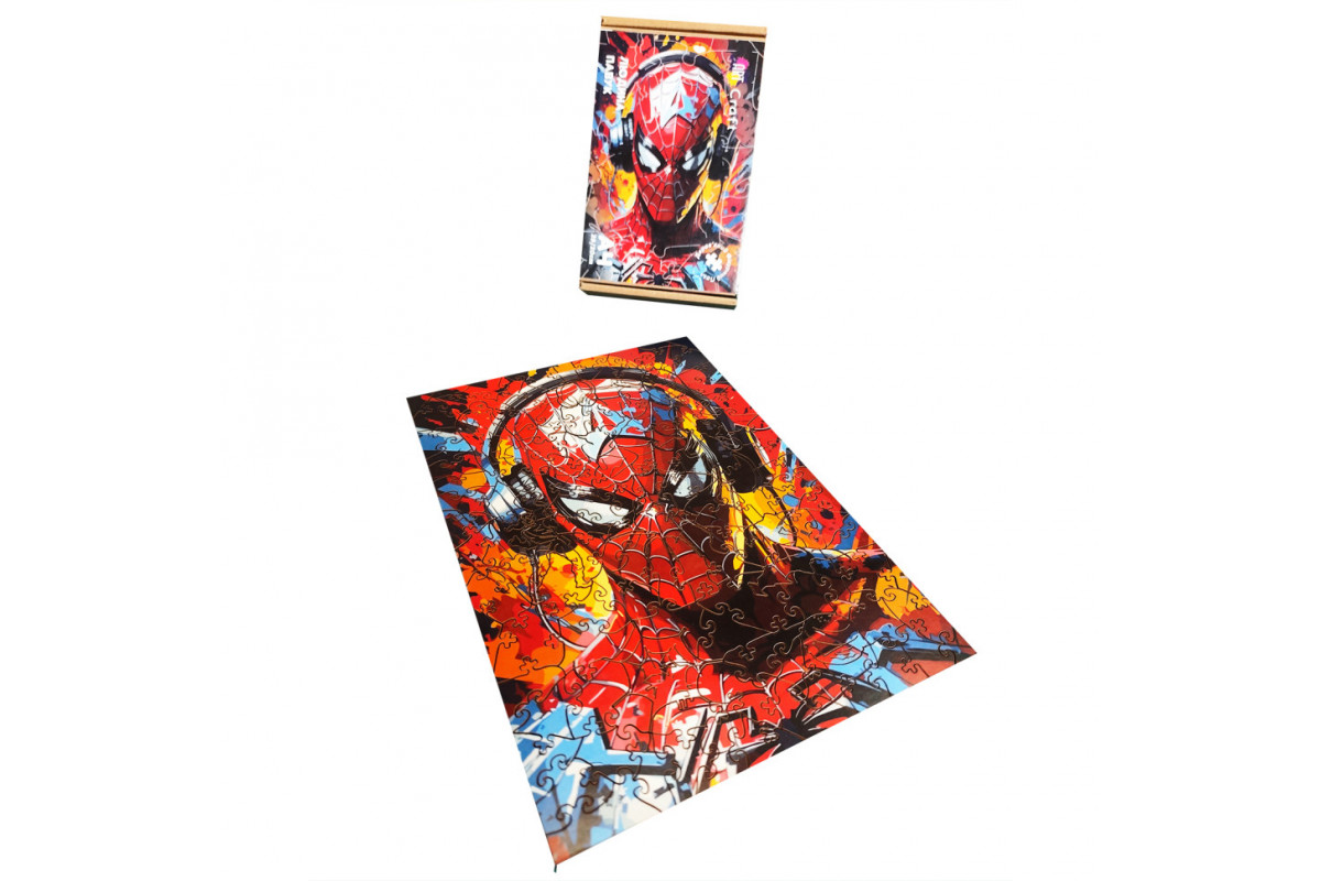 Фигурный пазл из дерева "Человек-паук" PZ003-A3W-AC 180-250 деталей, А3 с мешочком и лентой