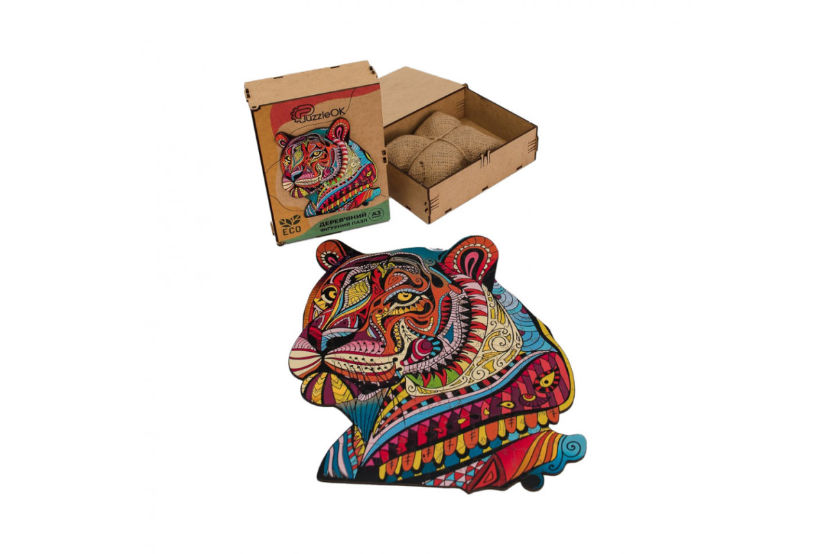 Фігурний дерев'яний пазл A3 "Загадковий тигр" PuzA3-03110, 129 деталей
