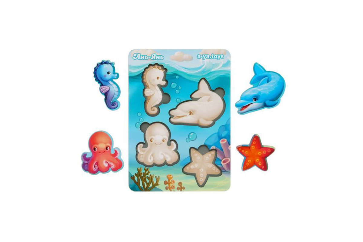 Деревянный пазл-вкладыш "Морские животные-1" Ubumblebees (ПСФ055) PSF055 фон с подсказкой