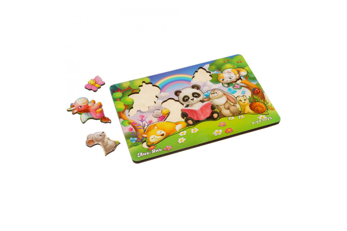 Дерев'яний пазл-вкладиш "Звірі на лісовій галявині" Ubumblebees (ПСД177) PSD177, 9 деталей