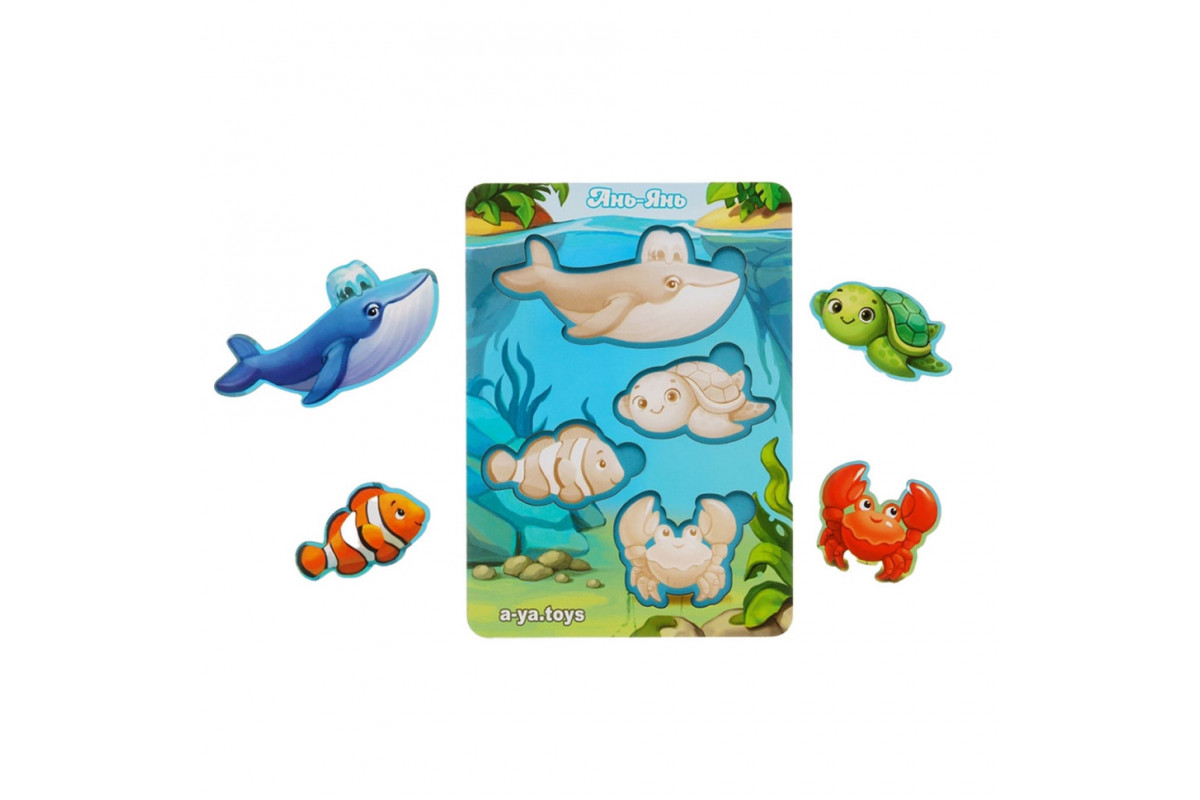 Дерев'яний пазл-вкладиш "Морські тварини-2" Ubumblebees (ПСФ056) PSF056 фон із підказкою