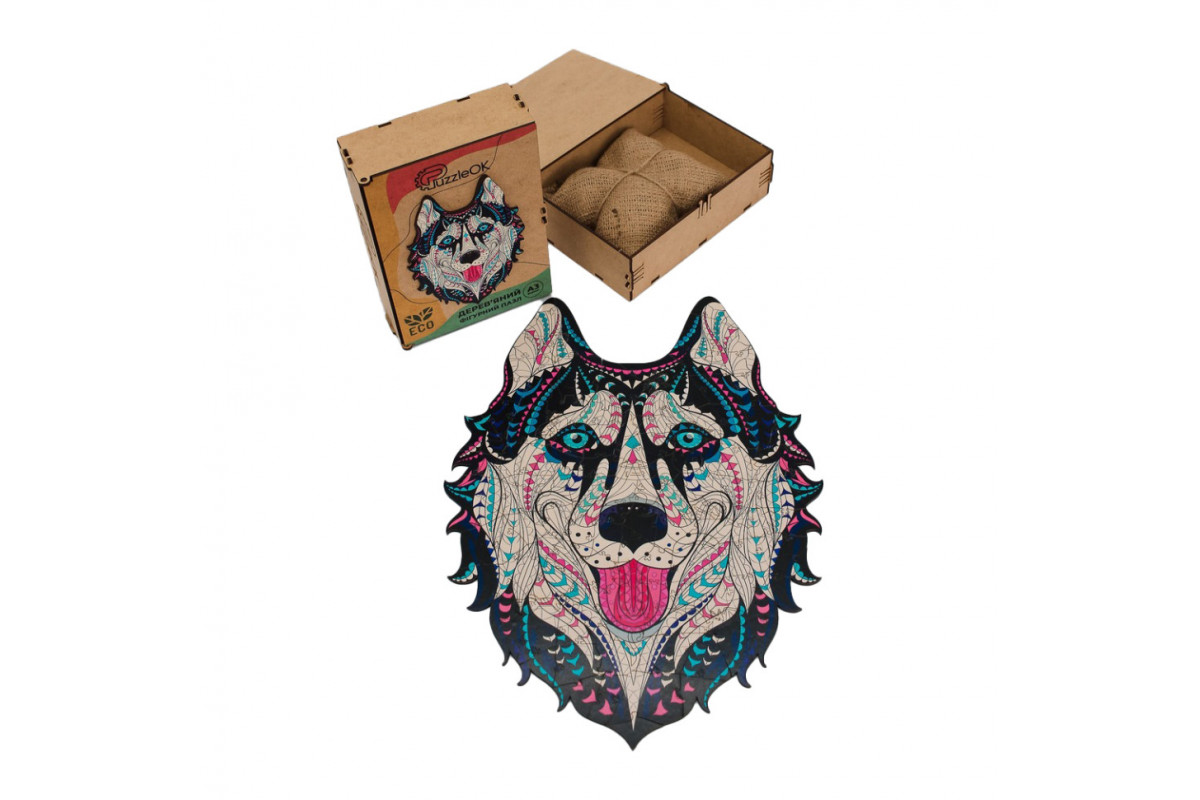 Фігурний дерев'яний пазл A3 "Сніжний хаскі" PuzA3-03112, 123 деталі