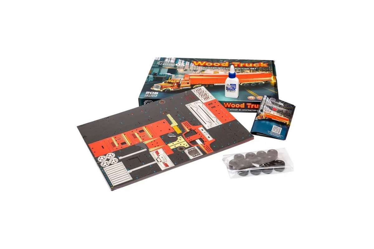 Детский деревянный 3D конструктор "Фура с прицепом" Puz-00952, 206 деталей