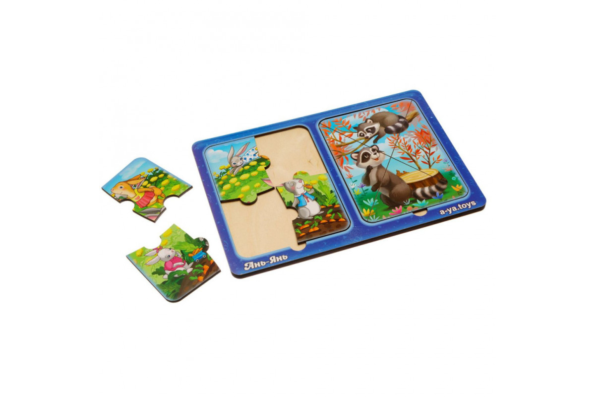 Деревянный пазл-вкладыш "Зайки и енотики" Ubumblebees (ПСД182) PSD182 в рамке