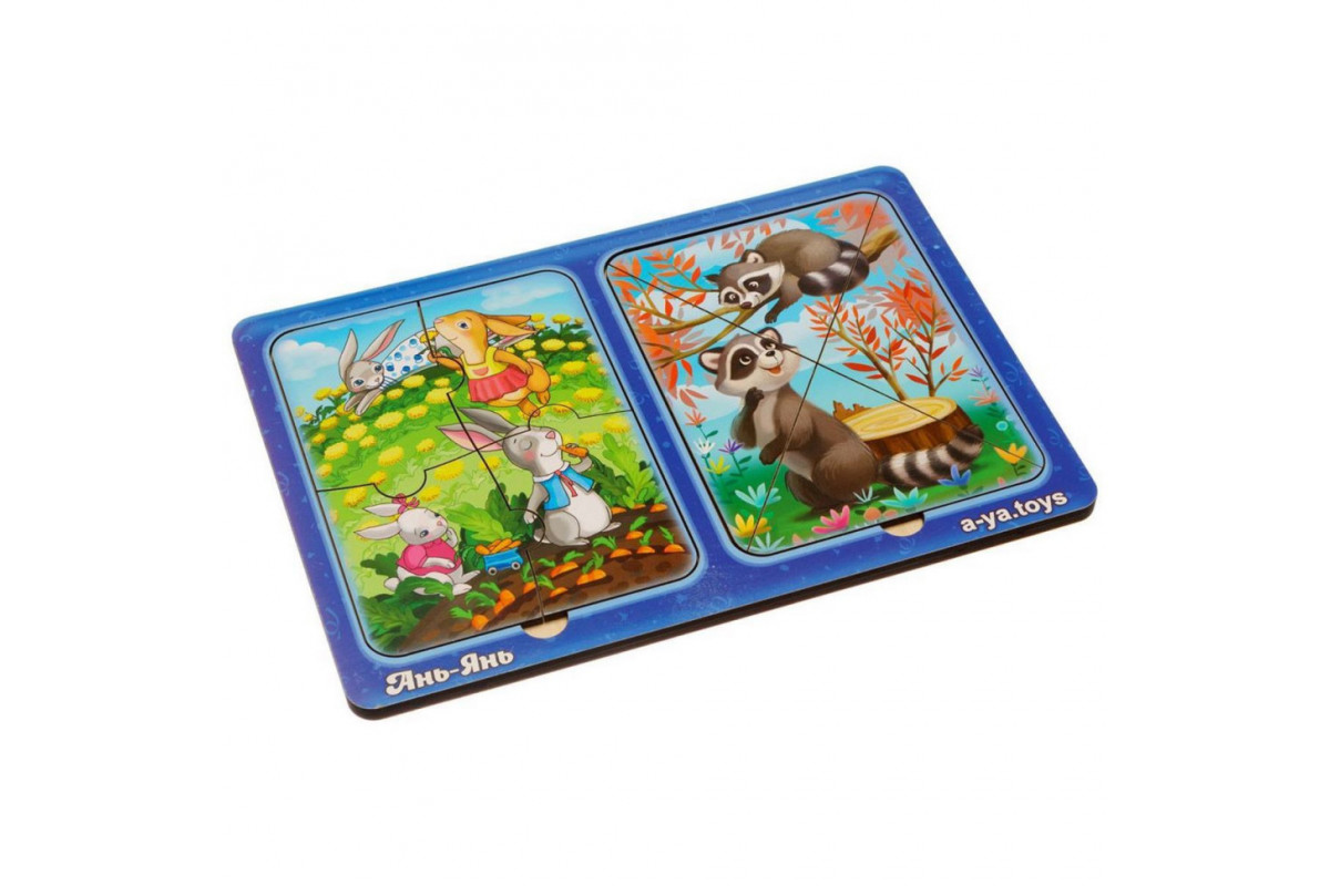 Деревянный пазл-вкладыш "Зайки и енотики" Ubumblebees (ПСД182) PSD182 в рамке