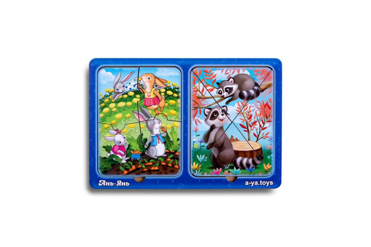 Деревянный пазл-вкладыш "Зайки и енотики" Ubumblebees (ПСД182) PSD182 в рамке