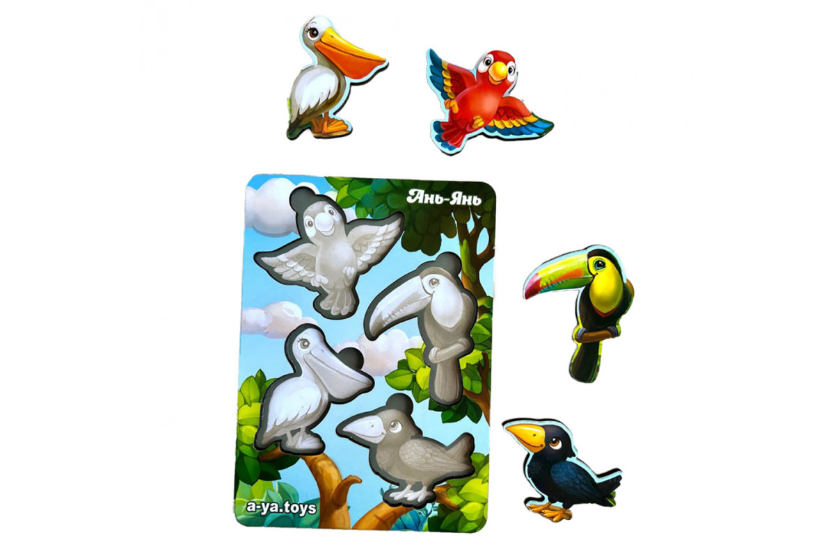 Деревянный пазл-вкладыш "Птицы" Ubumblebees (ПСФ062) PSF062 фон с подсказкой