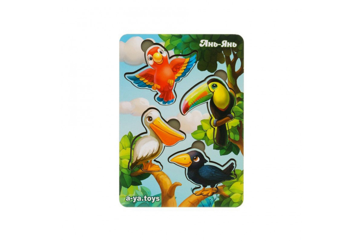 Деревянный пазл-вкладыш "Птицы" Ubumblebees (ПСФ062) PSF062 фон с подсказкой