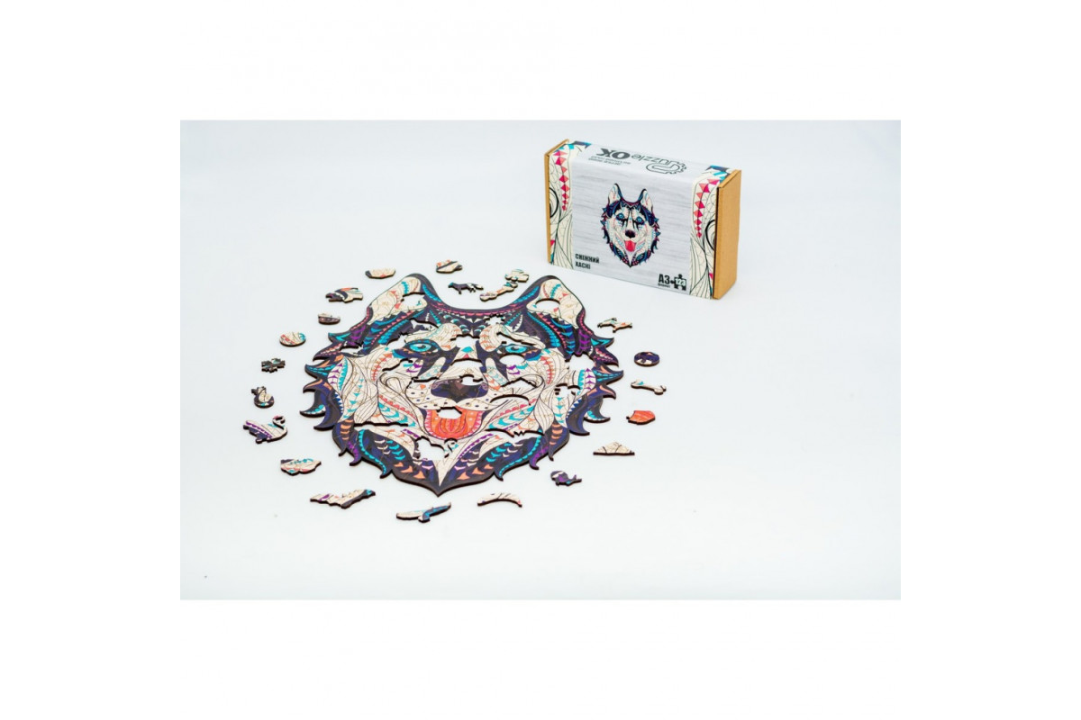 Фигурный деревянный пазл A3 "Снежный хаски" PuzA3-00902, 123 элемента