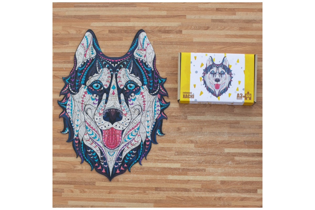 Фигурный деревянный пазл A3 "Снежный хаски" PuzA3-00902, 123 элемента