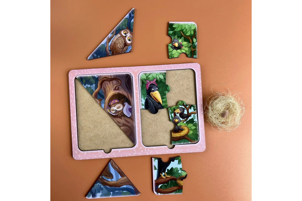 Дерев'яний пазл-вкладиш "Ворони та сови" Ubumblebees (ПСД187) PSD187 в рамці