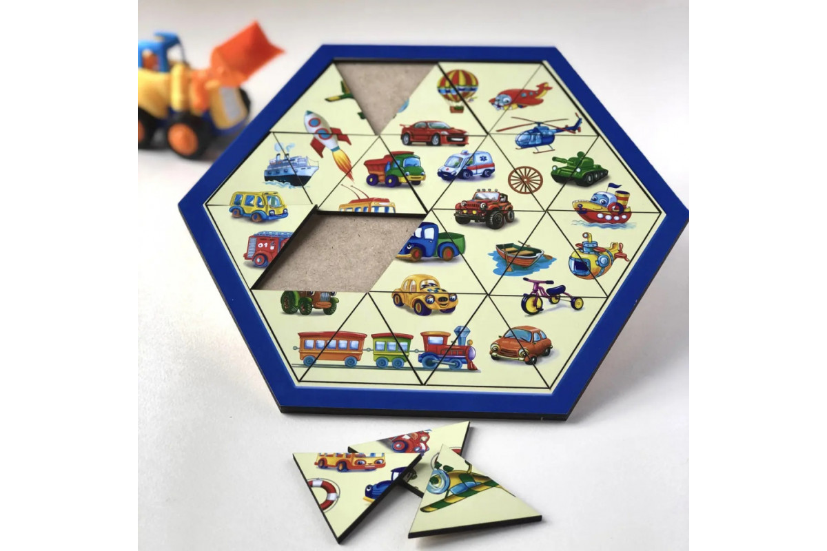 Деревянный пазл-головоломка "Транспорт" Ubumblebees (ПСФ024) PSF024 шестиугольник