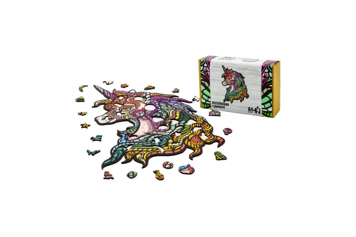 Фігурний деревяний пазл A4 Веселковий Єдиноріг PuzA4-00701, 76 деталей