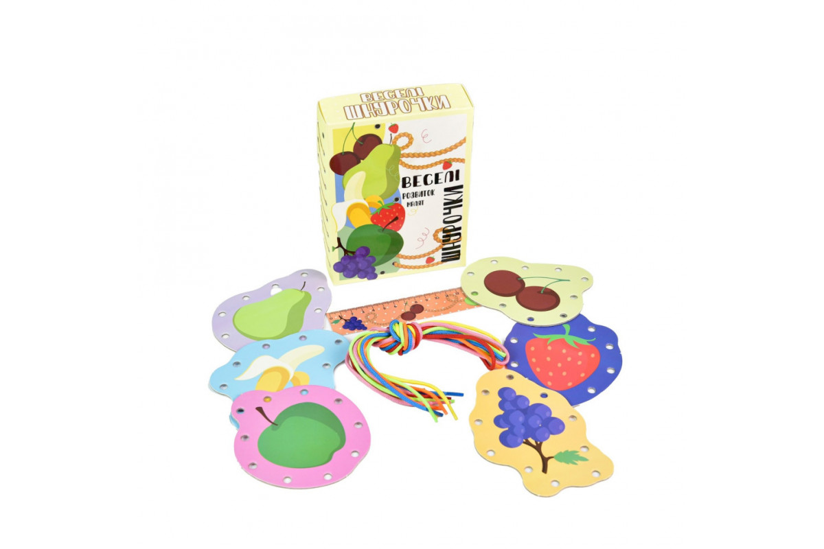 Розвиваюча гра "Веселі шнурочки Фрукти" 30523, 6 картинок, кольорові шнурки