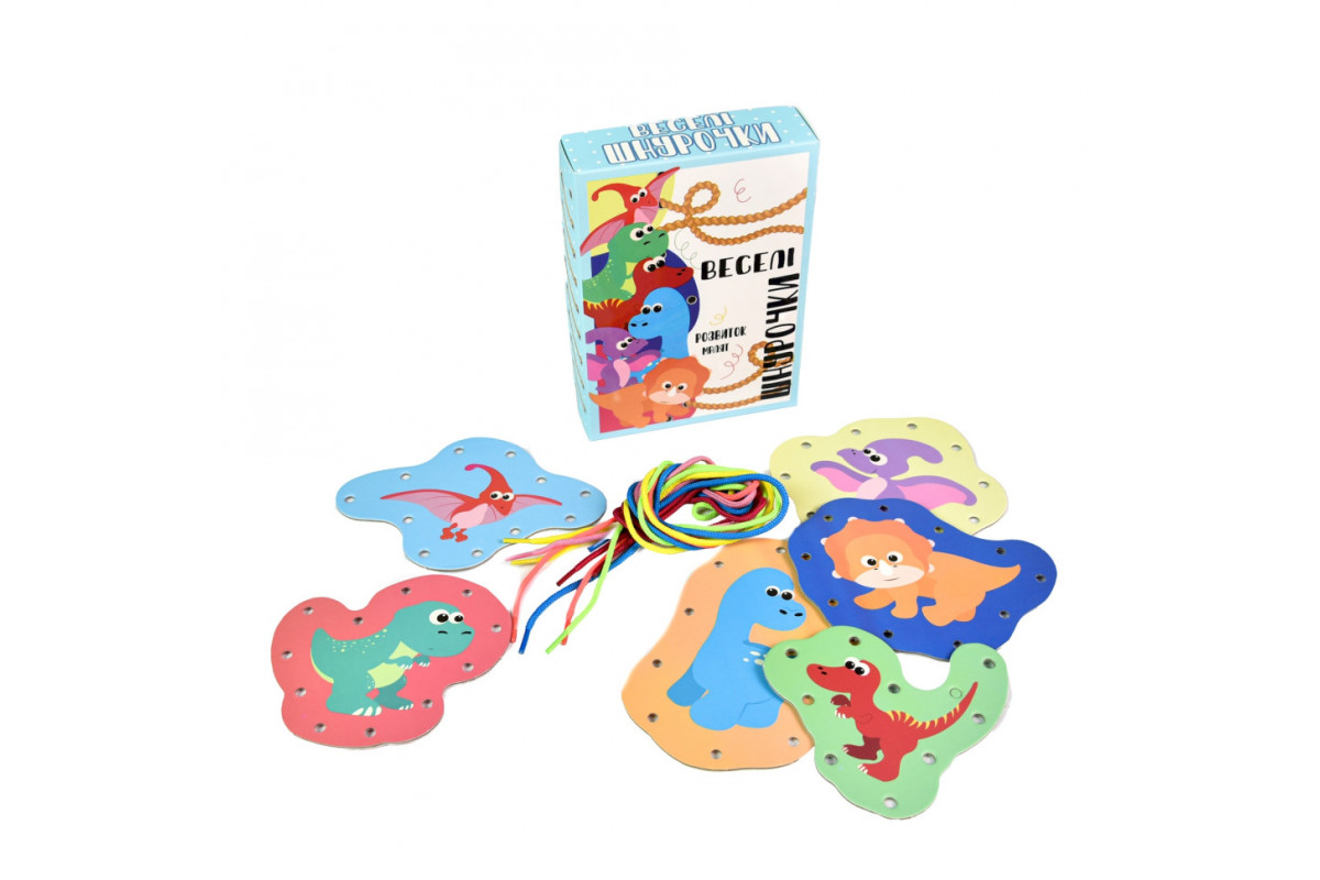 Розвиваюча гра "Веселі шнурочки Динозаври" 30524, 6 картинок, кольорові шнурки