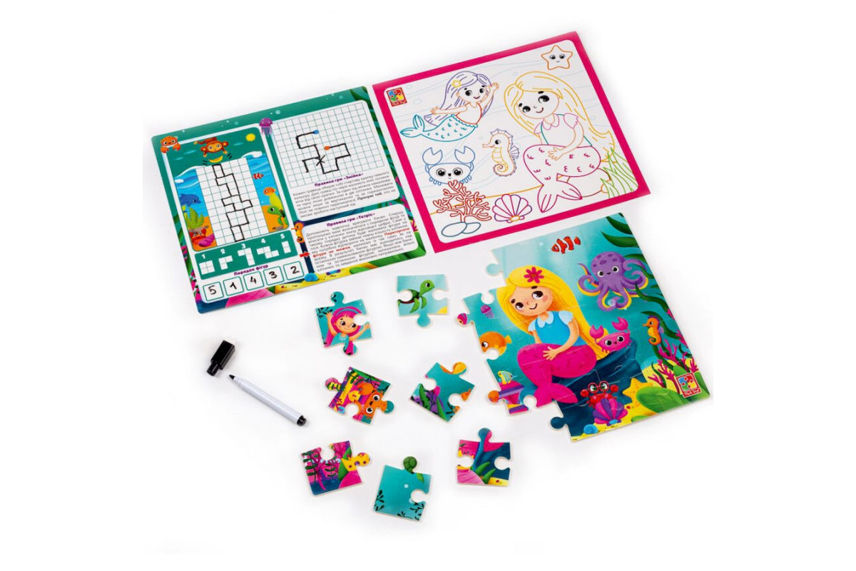 Развивающий набор 4 в 1 "Русалочки" VT2002-04 пазл, раскраска, маркер