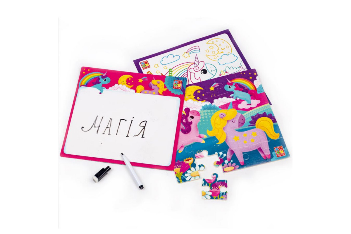 Развивающий набор 4 в 1 "Единороги" VT2002-05 пазл, раскраска, маркер