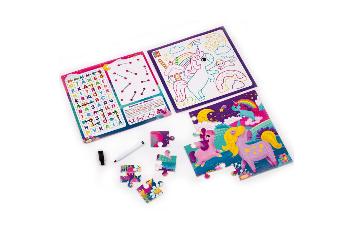 Развивающий набор 4 в 1 "Единороги" VT2002-05 пазл, раскраска, маркер