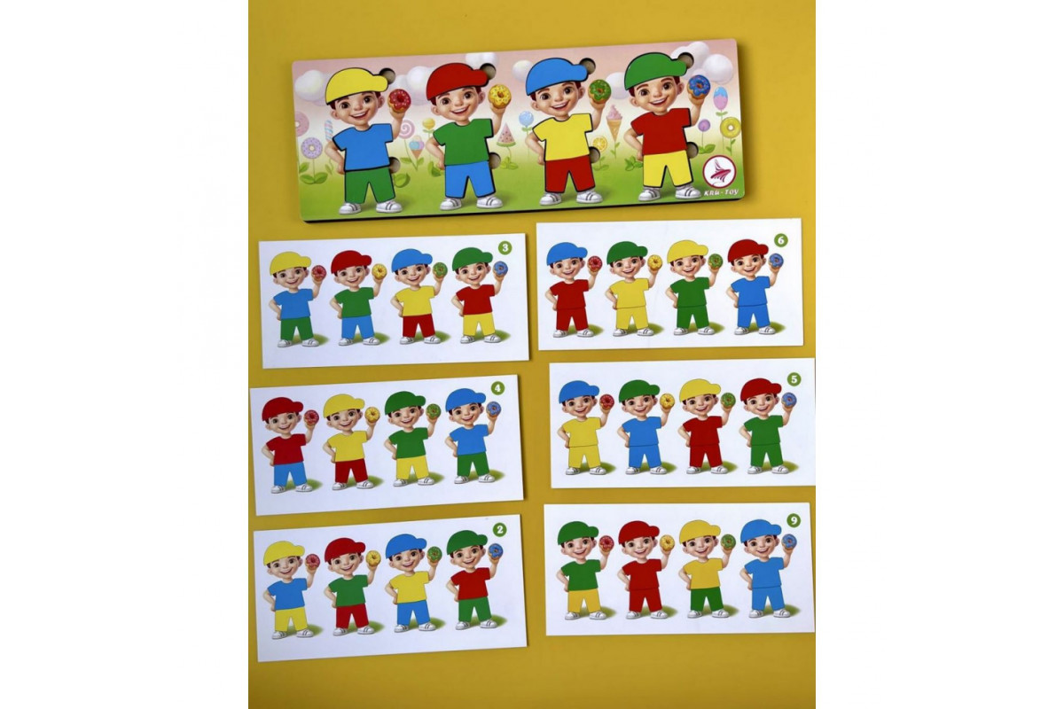 Деревянный пазл-сортер "Мальчики с пончиками" Ubumblebees (ПСФ100) PSF100, 12 деталей и 12 карт