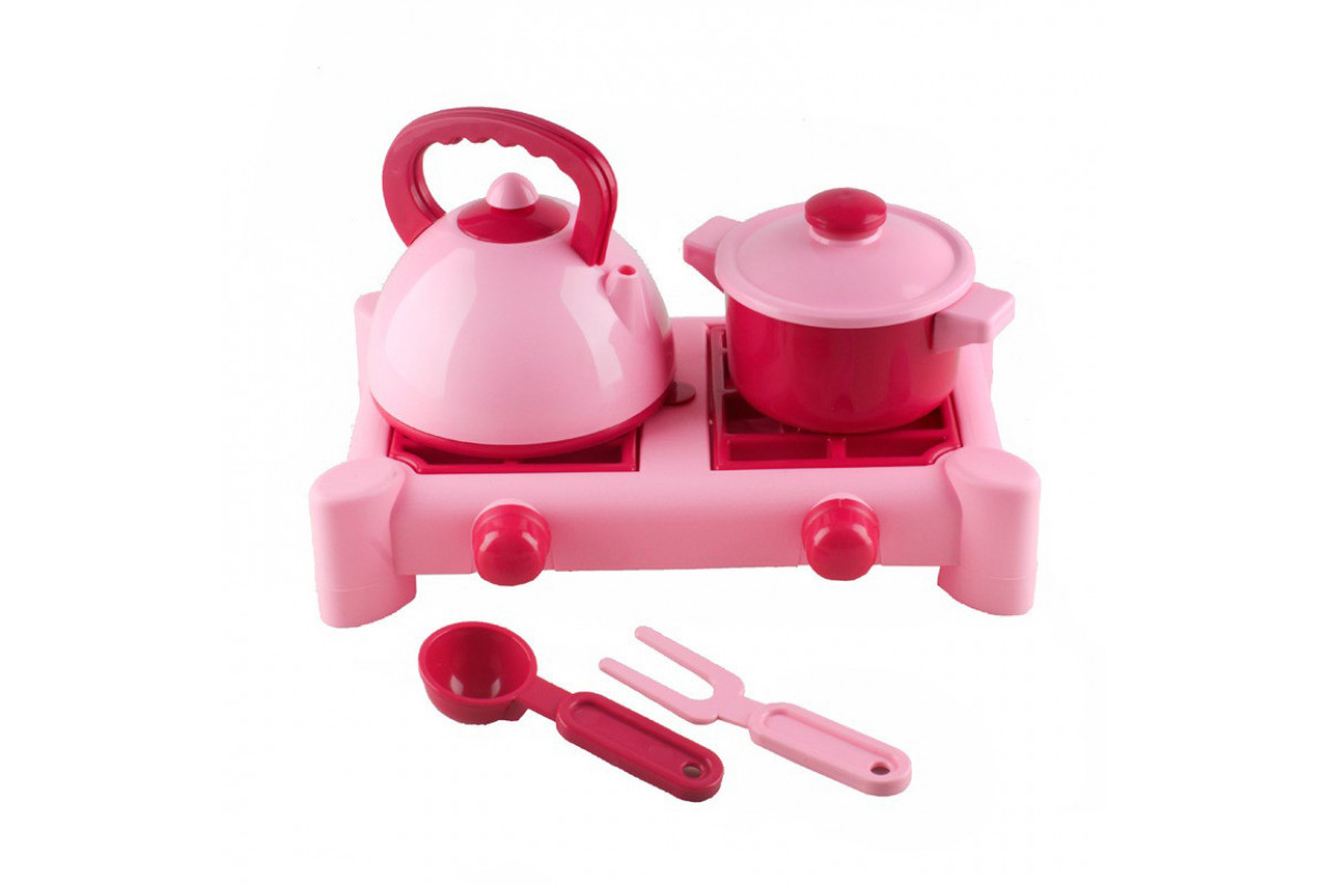 Дитячий ігровий набір посуду з газовою плитою 70408(Pink) 6 предметів, рожевий