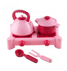 Детский игровой набор посуды с газовой плитой 70408(Pink) 6 предметов, розовый