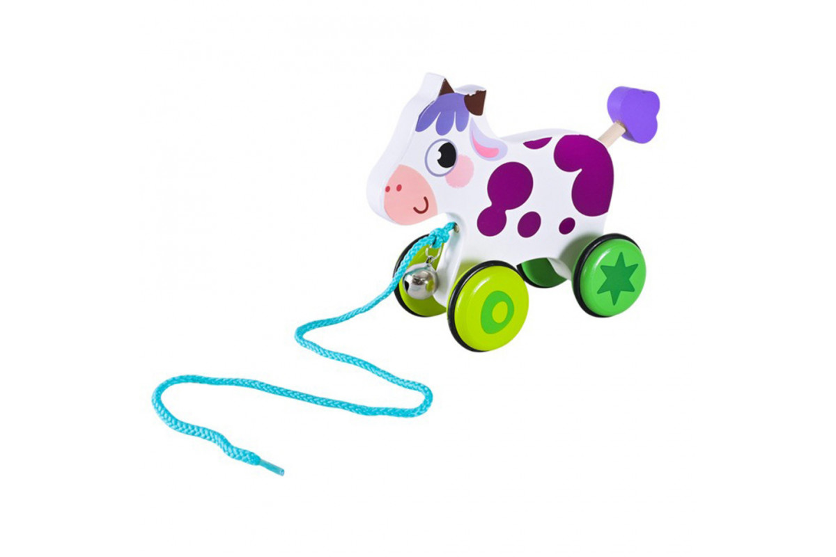 Детская деревянная каталочка "Коровка" C15030-6 на веревке