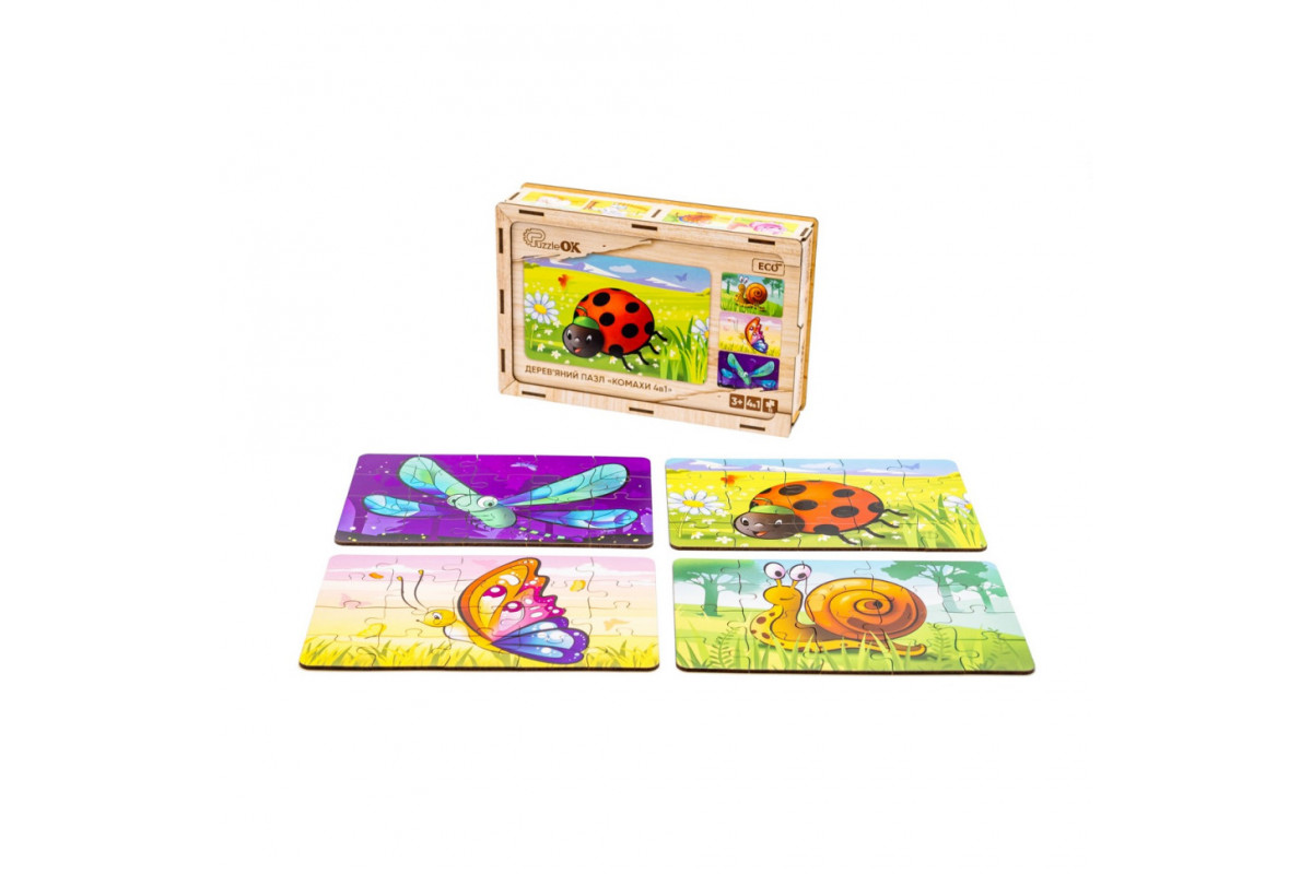 Дерев’яний дитячий пазл 4в1 "Комахи" Puz-59557, 80 елементів