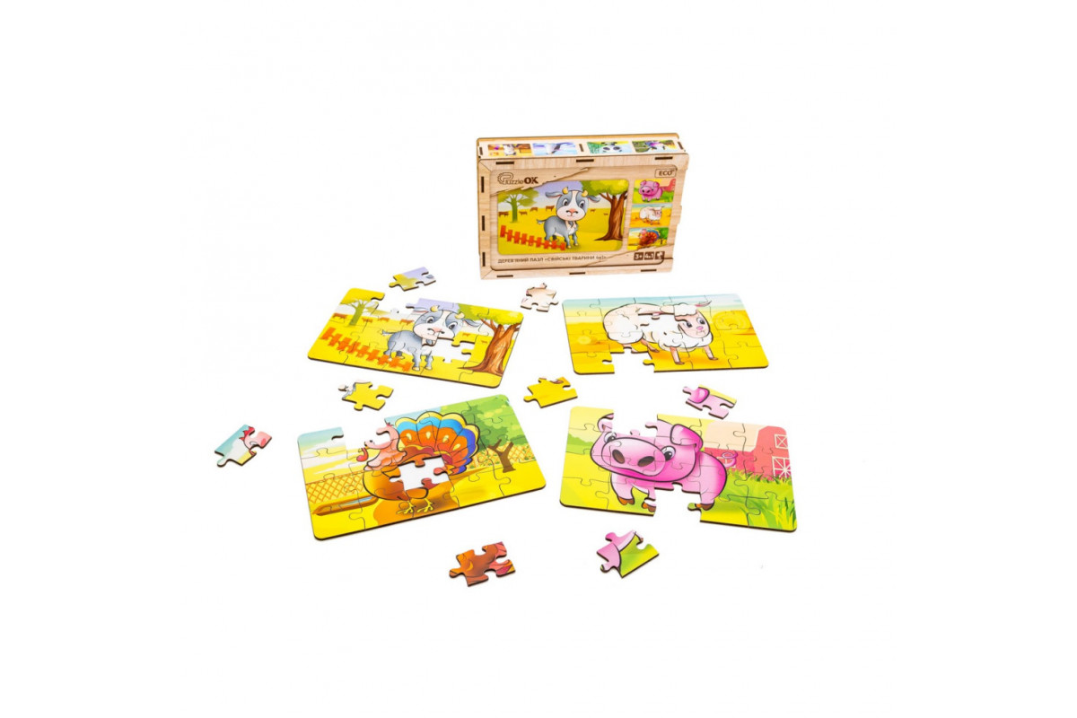 Дерев’яний дитячий пазл 4в1 "Свійські тварини" Puz-75595, 80 елементів