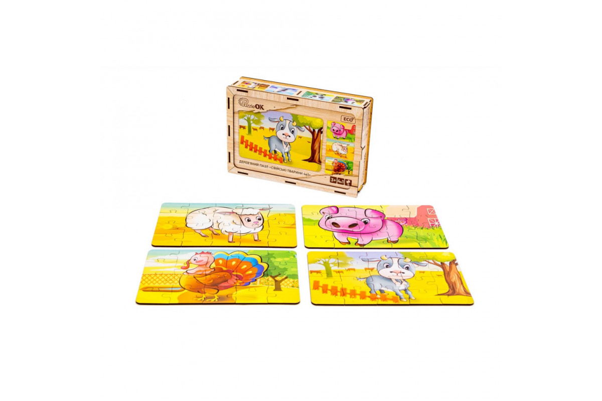 Дерев’яний дитячий пазл 4в1 "Свійські тварини" Puz-75595, 80 елементів