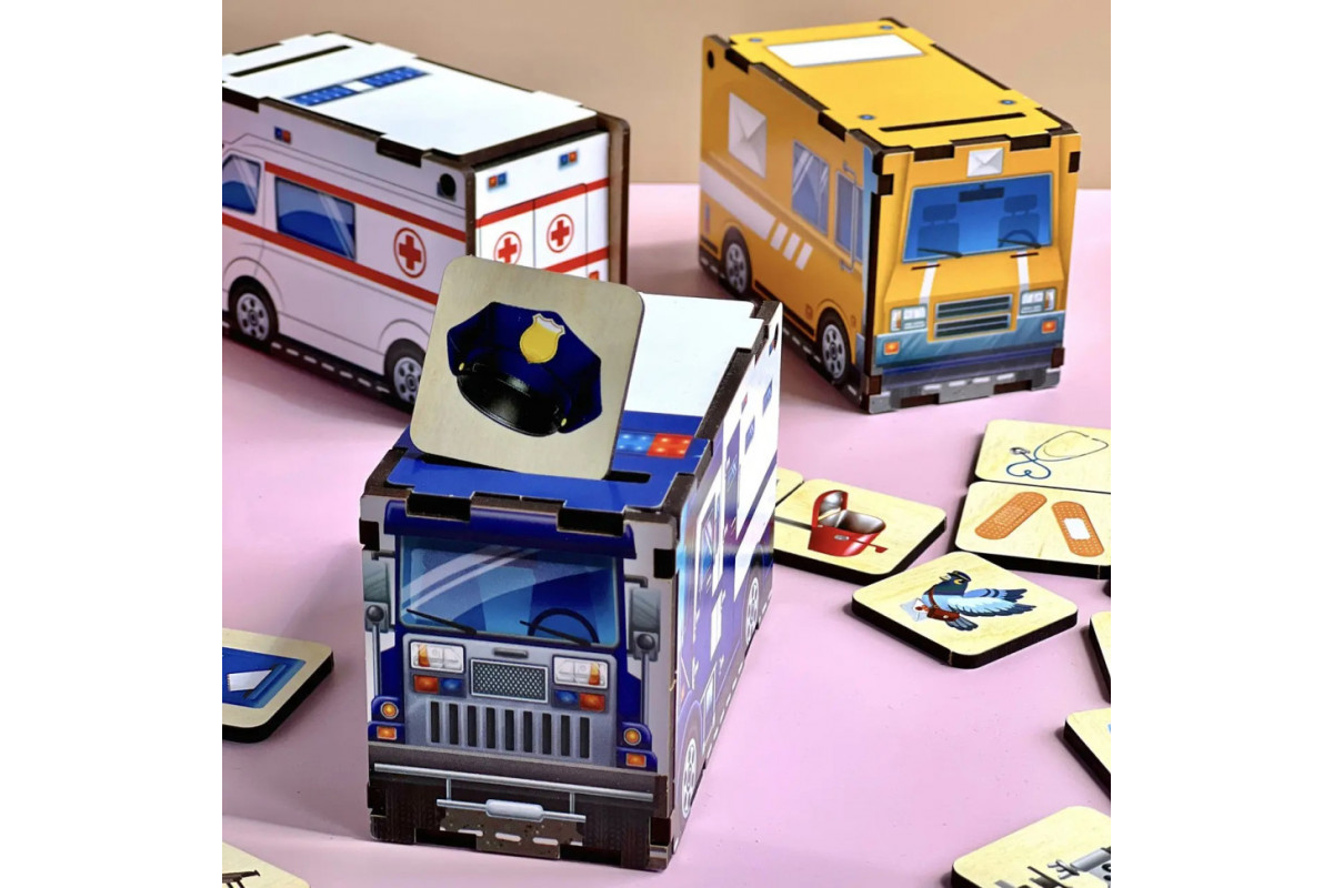 Дерев'яна настільна гра "Службовий транспорт" Ubumblebees (ПСФ027) PSF027 сортер-комодик