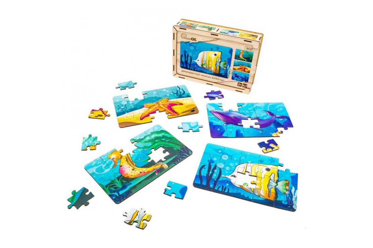 Дитячий дерев'яний пазл Морські жителі 4 в 1 Puz-57896, 80 елементів
