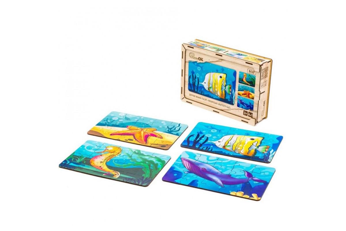 Дитячий дерев'яний пазл Морські жителі 4 в 1 Puz-57896, 80 елементів