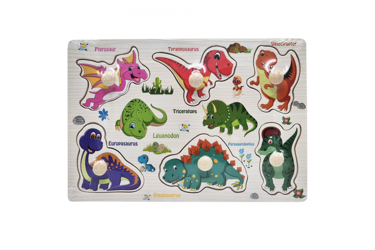 Дерев'яний пазл-вкладиш Динозаври 53972-10 ручка-тримач, у плівці