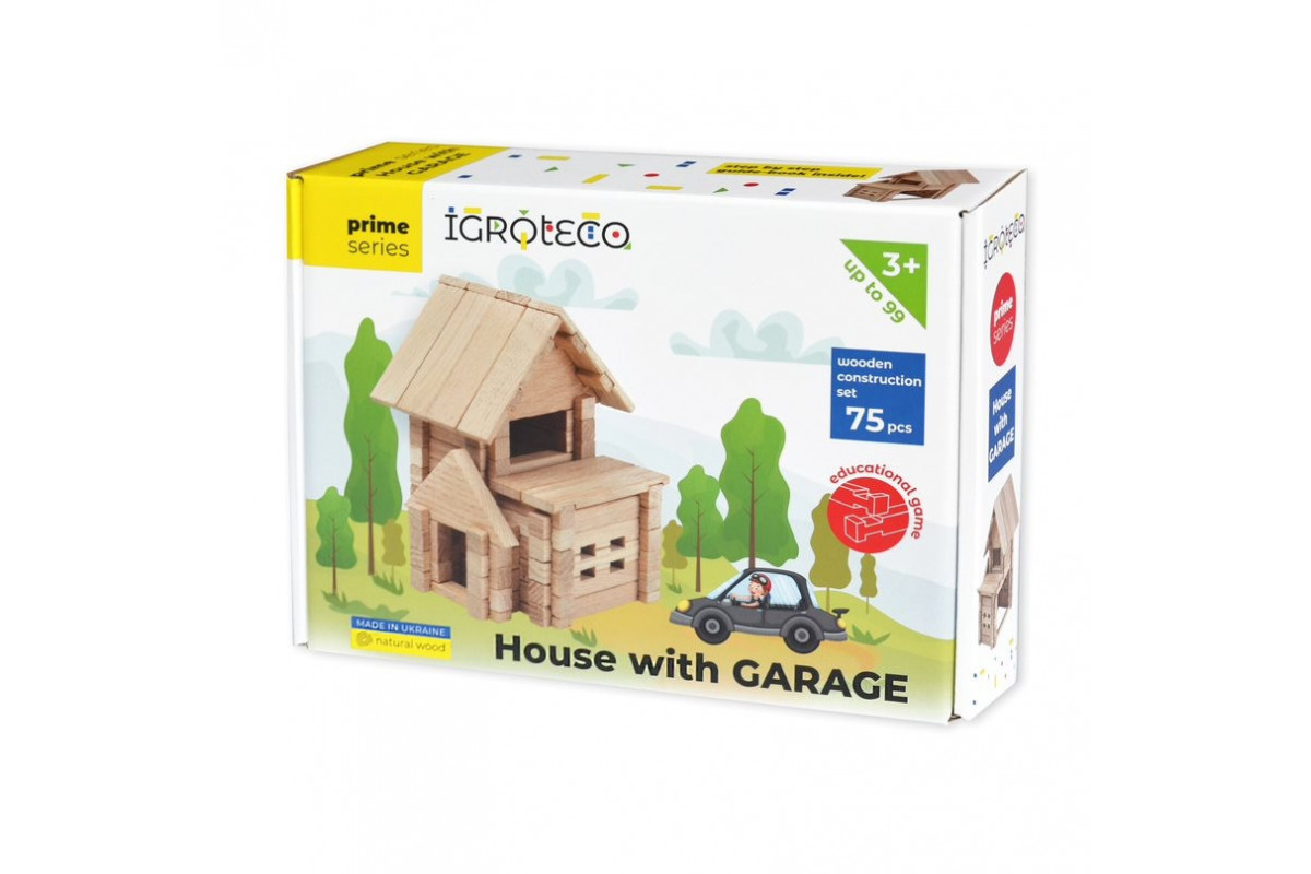 Деревянный конструктор "Домик с гаражом" Igroteco 900118, 75 деталей