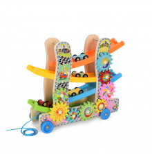 Деревянная игрушка "Трек" MD2594 каталка, машинки 4см 3шт, шестеренки