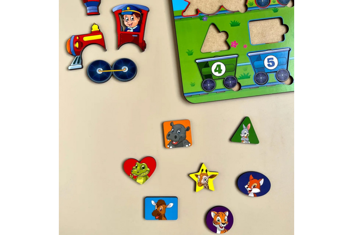 Дерев'яний пазл-вкладиш "Геометричні фігури" Ubumblebees (ПСД048) PSD048 сортер-паровоз