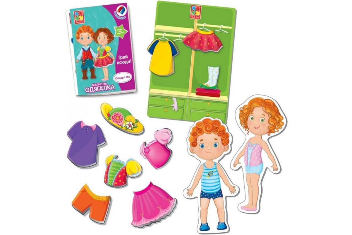 Детская игра "Магнитная Одевалка Оливер и Мия" VT3702-12, 2 куклы, 31 магнитный элемент