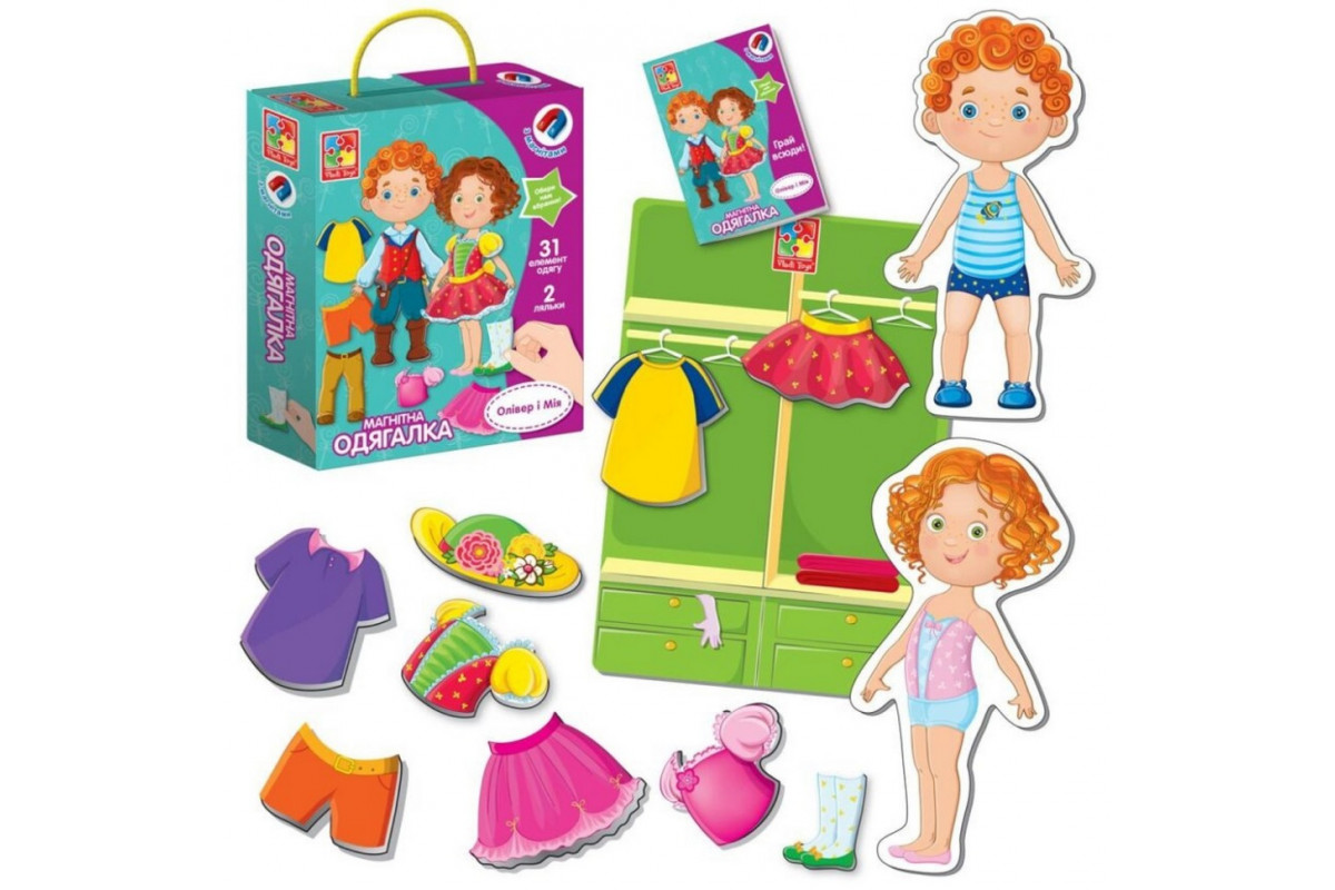 Детская игра "Магнитная Одевалка Оливер и Мия" VT3702-12, 2 куклы, 31 магнитный элемент