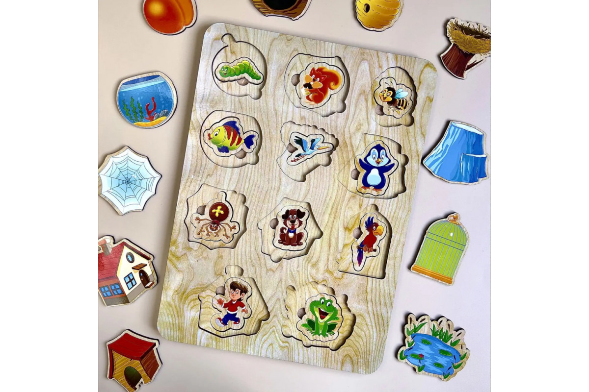 Дерев'яний пазл-вкладиш "Хто? Де живе?" Ubumblebees (ПСД059) PSD059 сортер