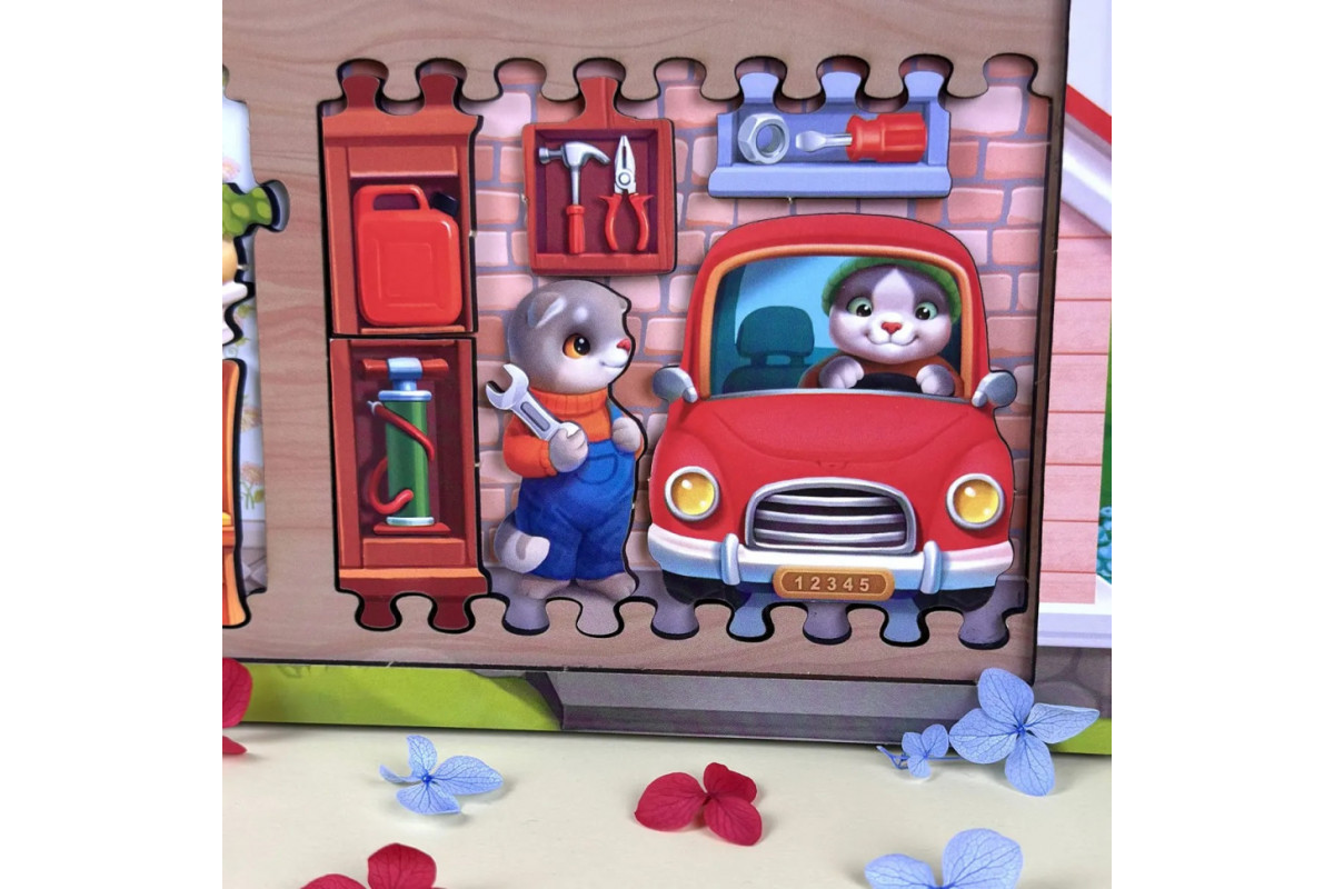 Деревянный пазл-вкладыш "Кошачий летний домик" (ПСД272) PSD272