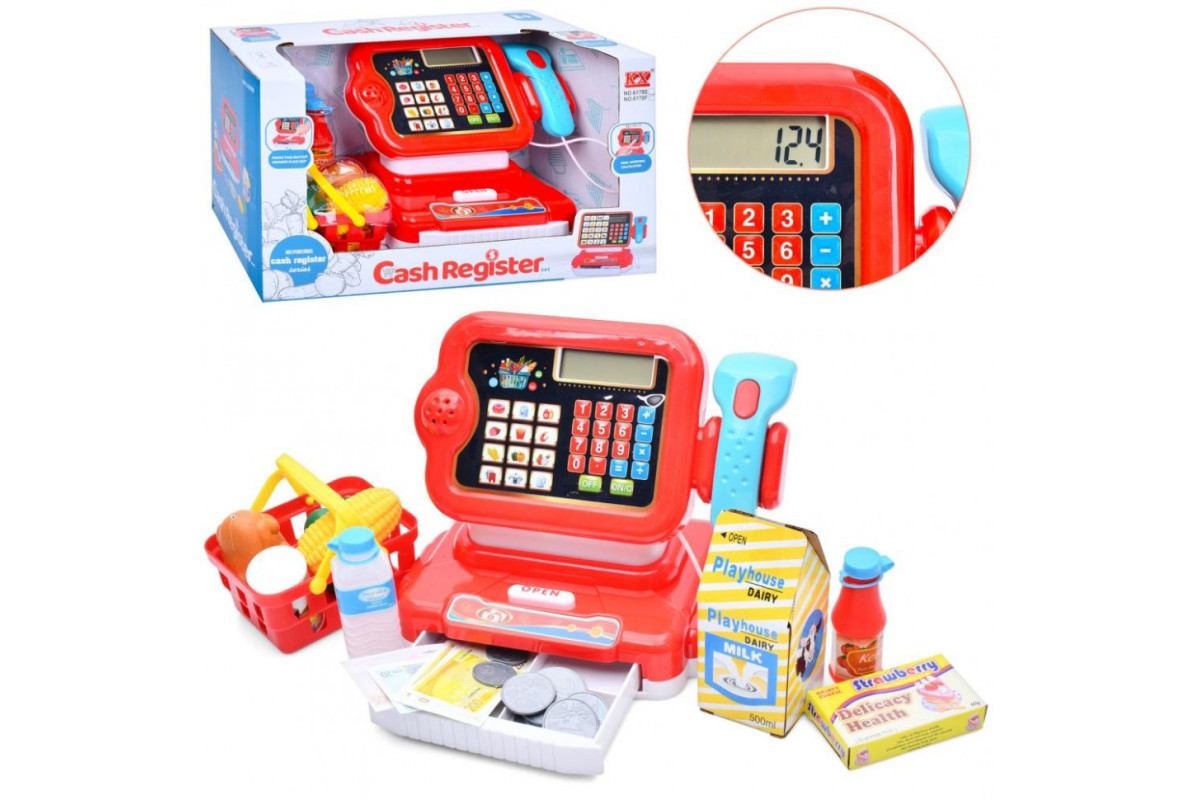 Детский игровой кассовый аппарат 6178F калькулятор, сканер, звук, свет, корзина