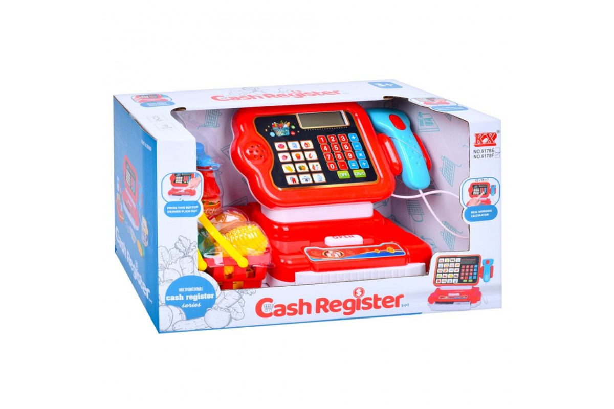 Детский игровой кассовый аппарат 6178F калькулятор, сканер, звук, свет, корзина